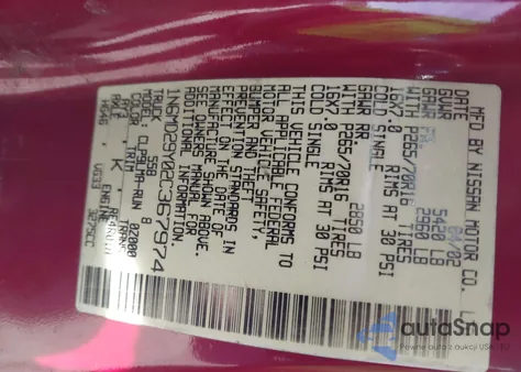 2002 Nissan Frontier Sve-V6 z USA, uszkodzony, nr VIN 1N6MD29Y02C367974